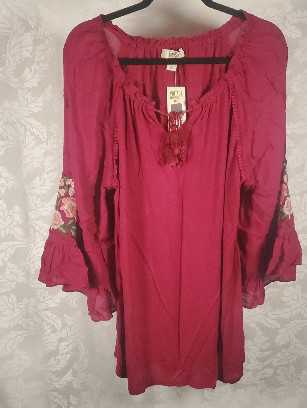 Vintage America Raspberry Off-Shoulder Embroidered Sleeve Tunic
